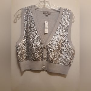 NWT J.Crew Merino wool v neck silver sequin vest gray size M
